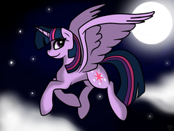 Size: 1024x768 | Tagged: safe, artist:pinkamenascratch, twilight sparkle, alicorn, pony, g4, female, flying, mare, moon, night, solo, twilight sparkle (alicorn)