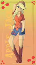Size: 1837x3265 | Tagged: safe, artist:oobrushstrokeoo, applejack, human, g4, bookmark, boots, clothes, female, humanized, obtrusive watermark, pants, solo, watermark
