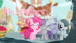 Size: 1920x1080 | Tagged: safe, artist:germanmcpictures, artist:godoffury, edit, limestone pie, marble pie, maud pie, pinkie pie, g4, eyes closed, filly, sisters, smiling, sugarcube corner, tongue out, vector, wallpaper, wallpaper edit, wink