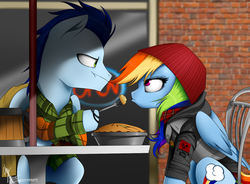 Size: 1512x1112 | Tagged: safe, artist:supermare, rainbow dash, soarin', pegasus, pony, g4, beanie, chair, clothes, crossover, delsin rowe, duo, female, hat, hilarious in hindsight, infamous, infamous second son, male, mare, pie, sitting, stallion, table, that pony sure does love pies