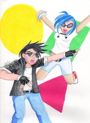 Size: 765x1044 | Tagged: safe, artist:lovelymetalhead, dj pon-3, neon lights, rising star, vinyl scratch, human, g4, converse, female, humanized, male, ship:vinylights, shipping, shoes, straight