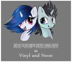 Size: 729x629 | Tagged: safe, artist:strangemoose, dj pon-3, neon lights, rising star, vinyl scratch, pony, unicorn, g4, female, male, mare, ship:vinylights, shipping, stallion, straight