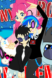 Size: 576x870 | Tagged: safe, artist:drspencerreidbietch, dj pon-3, neon lights, pinkie pie, rising star, vinyl scratch, human, g4, anime, humanized