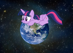 Size: 1920x1392 | Tagged: safe, twilight sparkle, alicorn, pony, cute, earth, female, giant pony, giantess, goddess, macro, mare, planet, pony bigger than a planet, prone, smiling, solo, space, stars, tangible heavenly object, twilight sparkle (alicorn)