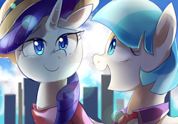 Size: 1001x702 | Tagged: safe, artist:sion-ara, coco pommel, rarity, g4, cocobetes, cute, duo, hat, manehattan, open mouth, profile