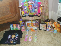 Size: 3488x2616 | Tagged: safe, artist:blazingdazzlingdusk, adagio dazzle, aria blaze, sonata dusk, pony, equestria girls, g4, my little pony equestria girls: rainbow rocks, badge, blind bag, bookmark, boots, clothes, collection, customized toy, doll, equestria girls ponified, figure, high res, irl, magnet, merchandise, necklace, painting, photo, picture frame, plushie, ponified, shadowbox, shirt, shrine, stage, the dazzlings, toy