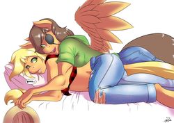 Size: 1900x1344 | Tagged: safe, artist:the-unicorn-lord, applejack, oc, oc:whiskey drops, pegasus, anthro, g4, applebucking thighs, bed, belly button, canon x oc, clothes, cowboy hat, cuddling, eyepatch, hat, jeans, love, married, midriff, pillow, shipping, snuggling, stetson