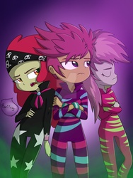 Size: 1024x1365 | Tagged: dead source, safe, artist:ibsn, apple bloom, scootaloo, sweetie belle, equestria girls, g4, my little pony equestria girls: rainbow rocks, clothes, cutie mark crusaders, deviantart watermark, eyes closed, female, obtrusive watermark, scene interpretation, show stopper outfits, simple background, watermark