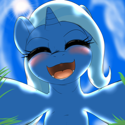 Size: 1000x1000 | Tagged: safe, artist:ushiro no kukan, trixie, pony, unicorn, g4, cute, diatrixes, female, grass, happy, mare, offscreen character, pov, solo, ushiro is trying to murder us