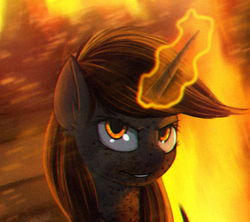 Size: 577x513 | Tagged: safe, artist:rublegun, oc, oc only, oc:littlepip, pony, unicorn, fallout equestria, fanfic, fanfic art, female, glowing horn, horn, magic, mare, solo