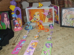 Size: 3488x2616 | Tagged: safe, artist:blazingdazzlingdusk, adagio dazzle, aria blaze, sonata dusk, equestria girls, g4, my little pony equestria girls: rainbow rocks, badge, blind bag, bookmark, boots, clothes, collection, customized toy, doll, female, figure, high res, irl, magnet, necklace, painting, photo, picture frame, shadowbox, shirt, shrine, stage, the dazzlings, toy