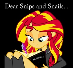 Size: 975x905 | Tagged: safe, snails, snips, sunset shimmer, equestria girls, g4, death note, female, image macro, implied murder, kira, meme, notebook, pen, photoshop, solo, writing