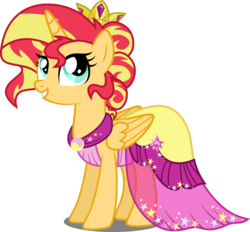 Size: 4308x4000 | Tagged: dead source, safe, artist:xebck, sunset shimmer, alicorn, pony, equestria girls, g4, absurd resolution, alicorn princess, alicornified, alternate hairstyle, alternate universe, clothes, crown, cute, dress, female, gala dress, grand galloping gala, ponified humanized pony, race swap, shimmerbetes, shimmercorn, simple background, smiling, solo, transparent background, vector