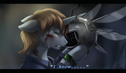 Size: 1280x743 | Tagged: safe, artist:oblivionheart13, oc, oc only, oc:homage, oc:littlepip, pony, unicorn, fallout equestria, clothes, crying, eyes closed, fanfic, fanfic art, female, floppy ears, hooves, horn, jumpsuit, mare, pipbuck, solo, spike's cave, spritebot, vault suit