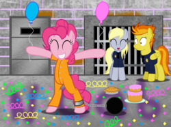 Size: 3194x2380 | Tagged: safe, artist:spellboundcanvas, derpy hooves, pinkie pie, spitfire, pegasus, pony, g4, ball and chain, clothes, female, high res, mare, police, prison outfit, prisoner pp