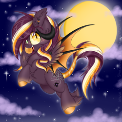 Size: 2449x2449 | Tagged: safe, artist:pvrii, oc, oc only, oc:samhain, bat pony, pony, flying, high res, moon, solo