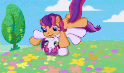 Size: 740x435 | Tagged: safe, screencap, scootaloo (g3), sweetie belle (g3), g3, g3.5, animated, cute, female, g3 cutealoo, g3 diasweetes, intro, opening, opening theme, rolling, smiling