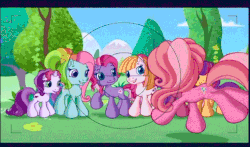 Size: 740x435 | Tagged: safe, screencap, cheerilee (g3), pinkie pie (g3), rainbow dash (g3), scootaloo (g3), starsong, sweetie belle (g3), toola-roola, g3, g3.5, animated, core seven, female, intro, male, opening, opening theme, photo, smiling