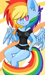 Size: 1231x2041 | Tagged: safe, artist:teranen, rainbow dash, anthro, g4, clothes, drink, female, glass, grin, looking at you, no pupils, shorts, solo, spread wings, tank top