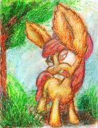 Size: 891x1154 | Tagged: safe, artist:aemuhn, apple bloom, g4, excited, female, impossibly large ears, oil pastel, solo, traditional art, tree