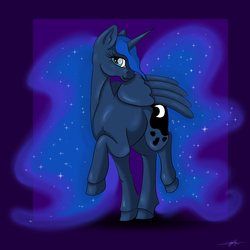 Size: 1000x1000 | Tagged: safe, artist:littlewolfstudios, princess luna, g4, bedroom eyes, commission, female, looking at you, missing accessory, night, pose, raised hoof, raised leg, smiling, solo