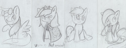 Size: 4661x1794 | Tagged: safe, artist:parassaux, derpy hooves, princess luna, g4, clothes, filly, goggles, hoodie, juice box, monochrome, sketch dump, traditional art, unamused, woona