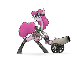 Size: 1536x1152 | Tagged: safe, artist:sinrar, gummy, pinkie pie, g4, cannon, goggles, long neck, smoking, steampunk