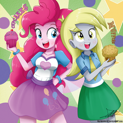 Size: 1039x1036 | Tagged: safe, artist:the-butch-x, derpy hooves, pinkie pie, equestria girls, g4, background human, blushing, clothes, cupcake, cupcakes vs muffins, cute, derpabetes, diapinkes, duo, female, food, green skirt, hand on hip, long hair, muffin, necktie, open mouth, shirt, signature, skirt, sunburst background