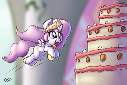 Size: 1000x667 | Tagged: safe, artist:tadashi--kun, princess celestia, alicorn, pony, g4, belly button, cake, cakelestia, cewestia, cute, cutelestia, eyes on the prize, female, filly, imminent stuffing, jumping, open mouth, pink-mane celestia, smiling, solo, start of darkness, tongue out