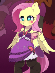 Size: 900x1200 | Tagged: safe, artist:ayahana, discord, fluttershy, semi-anthro, g4, arm hooves, clothes, dress