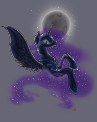 Size: 810x1024 | Tagged: safe, artist:sourcherry, nightmare moon, alicorn, pony, g4, armor, bust, female, looking at you, moon, rearing, solo, stars