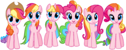 Size: 843x337 | Tagged: safe, artist:colossalstinker, color edit, applejack, fluttershy, pinkie pie, rainbow dash, rarity, twilight sparkle, g3, g4, g3 to g4, generation leap, hugpony poses, mane six, palette swap