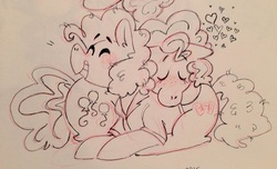 Size: 600x364 | Tagged: artist needed, dead source, safe, cheese sandwich, pinkie pie, g4, doodle, female, male, monochrome, ship:cheesepie, shipping, straight, traditional art