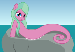 Size: 2776x1932 | Tagged: safe, artist:badumsquish, derpibooru exclusive, oc, oc only, oc:adrianna, sea pony, g4, beach, bedroom eyes, female, looking at you, ocean, on back, rock, solo
