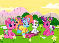 Size: 655x480 | Tagged: safe, screencap, cheerilee (g3), pinkie pie (g3), rainbow dash (g3), scootaloo (g3), sweetie belle (g3), earth pony, pony, g3, g3.5, newborn cuties, once upon a my little pony time, over two rainbows, animated, baby, bow, bubble, clothes, diaper, female, filly, flower, hair bow, hat, magic, male, scarf