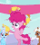 Size: 400x452 | Tagged: safe, screencap, linky, pinkie pie, shoeshine, silver spanner, g4, pinkie pride, animated, cropped, female, filly, juggling, rubber chicken