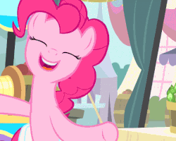 Size: 450x360 | Tagged: safe, screencap, pinkie pie, earth pony, pony, g4, pinkie pride, season 4, animated, asparagus, bag, cute, diapinkes, female, gif, looking at you, mare, pointing at you, saddle bag, solo, sweet dreams fuel, twirl, underhoof