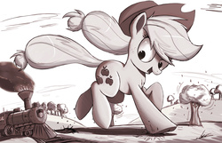 Size: 2000x1284 | Tagged: safe, artist:ncmares, applejack, pony, g4, cowboy hat, female, freckles, giant pony, giantess, hat, macro, monochrome, open mouth, race, running, signature, solo, stetson, train, tree