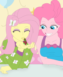 Size: 1928x2343 | Tagged: safe, artist:final7darkness, fluttershy, pinkie pie, oc, equestria girls, g4, my little pony equestria girls: rainbow rocks, bed, bedroom, bowtie, clothes, giantess, kissing, macro, pajamas, request, requested art, slumber party