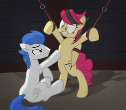 Size: 1661x1454 | Tagged: safe, alternate version, artist:radiantrealm, oc, oc only, oc:attraction, oc:dreamy daze, pegasus, pony, belly, belly button, bondage, butt, duo, femboy, gay, male, plot, shipping, show accurate, show accurate porn, stallion, tickling