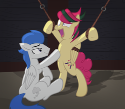 Size: 1661x1454 | Tagged: safe, alternate version, artist:radiantrealm, oc, oc only, oc:attraction, oc:dreamy daze, pegasus, pony, belly, belly button, bellyrubs, bipedal, bondage, butt, femboy, gay, laughing, male, open mouth, plot, shipping, show accurate, stallion, tickle torture, tickling, trap