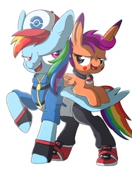 Size: 1024x1365 | Tagged: dead source, safe, artist:ibsn, rainbow dash, scootaloo, pegasus, pikachu, pony, g4, ash ketchum, clothes, collar, cosplay, costume, crossover, deviantart watermark, duo, female, long ears, obtrusive watermark, poké ball, pokémon, scootapet, watermark