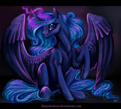 Size: 1000x900 | Tagged: safe, artist:lanteria, princess luna, alicorn, pony, g4, curved horn, female, horn, magic, raised hoof, sitting, smiling, solo, spread wings