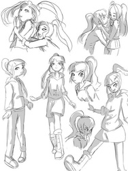 Size: 480x640 | Tagged: safe, artist:amazingpuffhair, aria blaze, sonata dusk, equestria girls, g4, crying, cute, female, grayscale, lesbian, looking at you, monochrome, ship:arisona, shipping, smiling, sonatabetes