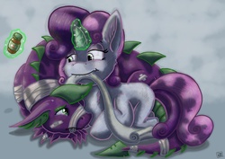 Size: 1024x724 | Tagged: safe, artist:dinodraketakethecake, spike, sweetie belle, g4, bandage, female, injured, magic, male, older, ship:spikebelle, shipping, straight