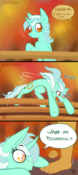 Size: 1299x2911 | Tagged: safe, artist:whisperfoot, lyra heartstrings, human, pony, unicorn, g4, autumn, bench, comic, cute, feet, female, hooves, human fetish, human in equestria, humie, male, meme, pun, smiling, toes, what are thoooose