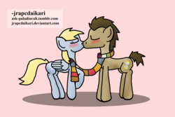 Size: 2209x1474 | Tagged: safe, artist:jrapcdaikari, derpy hooves, doctor whooves, time turner, earth pony, pony, g4, clothes, kissing, male, scarf, shared clothing, shared scarf, ship:doctorderpy, shipping, stallion, straight