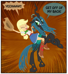 Size: 927x1007 | Tagged: safe, artist:ponymaan, applejack, queen chrysalis, changeling, changeling queen, comic:lyra-lyra's bizarre adventure, equestria girls, g4, angry, applejack riding chrysalis, cropped, duo, hair pulling, humans riding changelings, rearing, red background, riding, rodeo, simple background