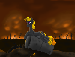 Size: 1200x906 | Tagged: safe, artist:overkenzie, oc, oc only, pony, unicorn, fallout equestria, barrel, fire, solo, wasteland