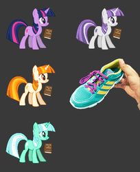 Size: 447x548 | Tagged: safe, artist:mane6, dewdrop dazzle, lyra heartstrings, twilight sparkle, twilight velvet, rapidash, fighting is magic, g4, alternate clothes, clothes, crossover, ember's worst nightmare, palette swap, shoes, sneakers, tennis shoe, tennis shoe twilight, wip